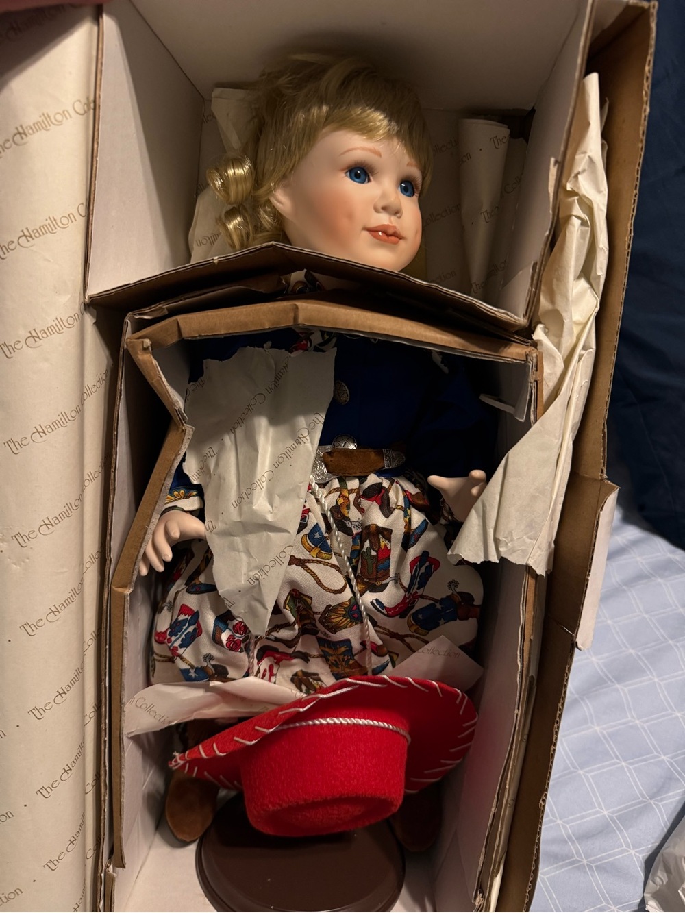 Hamilton Blonde Porcelain Doll in Navy Outfit with Red Hat